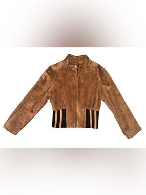 Cognac Suede Bomber Jacket with Striped Elastic Waist